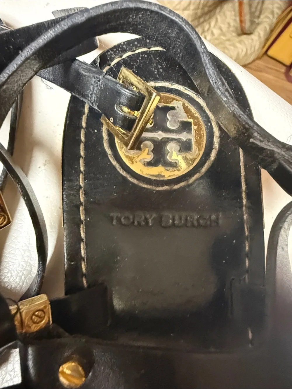 Tory Burch Black Leather Gladiator Sandals with Gold Studs